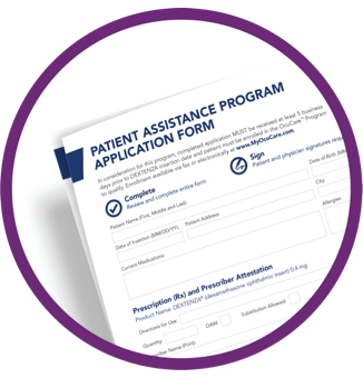 Showing a graphic of the Dextenza Patient Assistance Program form surrounded by a circle.